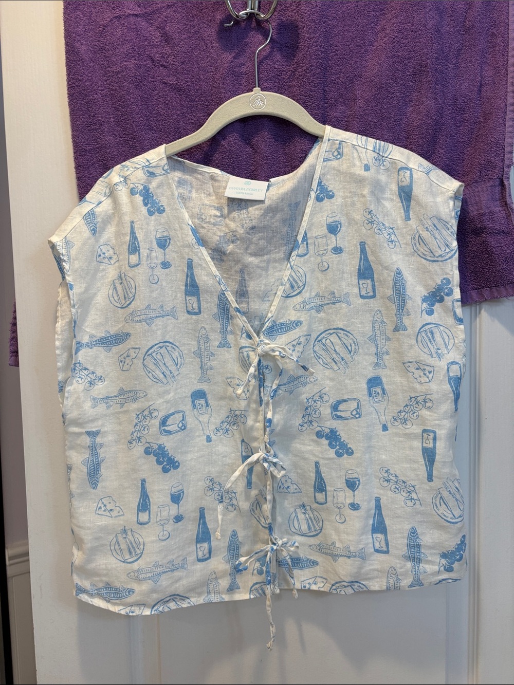 NWT Cynthia Rowley Blue & White Tie-Front Linen Tunic